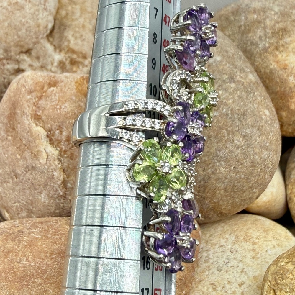 Amethyst Peridot Floral Cocktail Ring 5ctw Platinum SS Sz 6 NWT - Picture 11 of 16